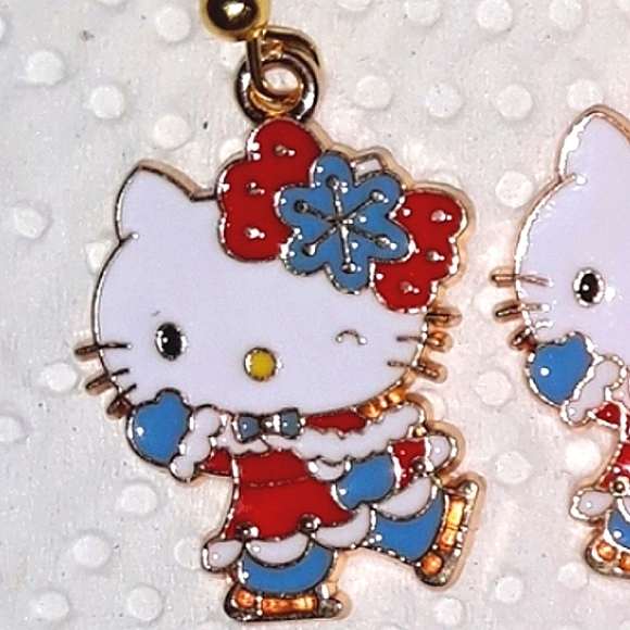 Hello Kitty Holiday Floral  Earrings.Red White Blue Gold Enamel Earwires NEW - Picture 2 of 7